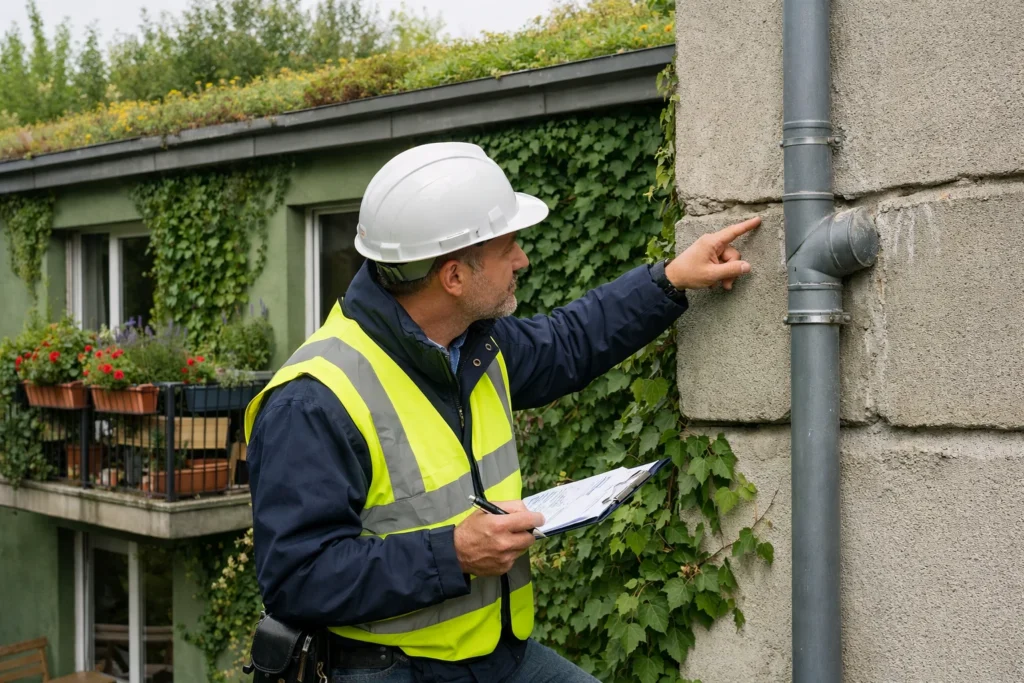 Façade d’immeuble en copropriété avec végétalisation existante, lierre et jardinières sur balcon à inspecter pour entretien