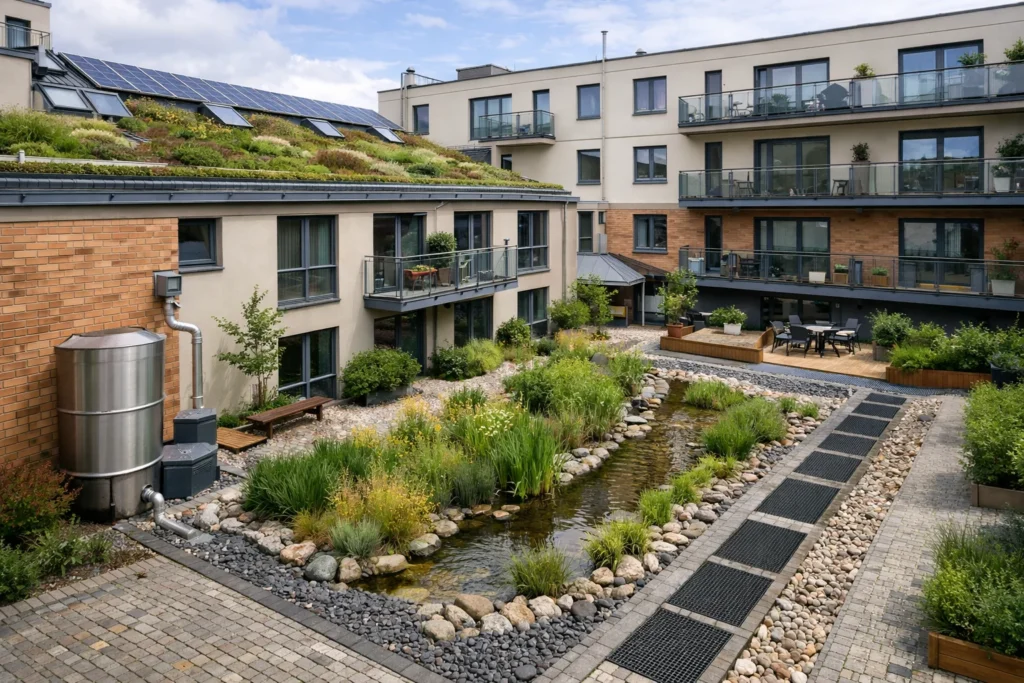 Immeuble urbain végétalisé avec toiture plantée, cour perméable et systèmes de gestion des eaux pluviales illustrant bâtiment allié du vivant