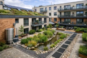 Immeuble urbain végétalisé avec toiture plantée, cour perméable et systèmes de gestion des eaux pluviales illustrant bâtiment allié du vivant