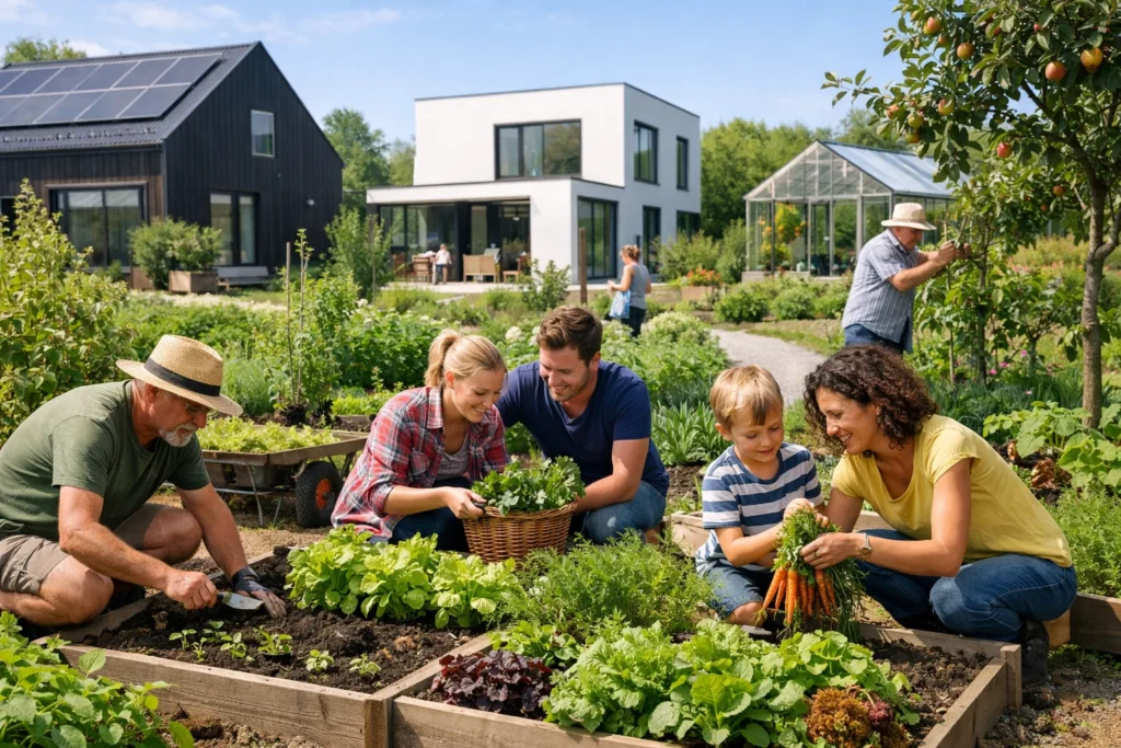 Habitants du quartier oosterwold cultivant un potager urbain au pied de leurs maisons modernes