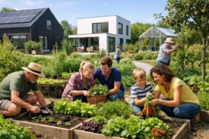 Habitants du quartier oosterwold cultivant un potager urbain au pied de leurs maisons modernes