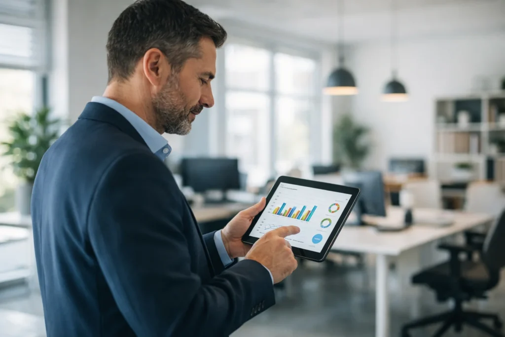 Locataire professionnel analysant ses consommations énergétiques sur tablette via la plateforme OPERAT dans un bureau moderne et lumineux