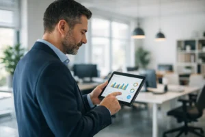Locataire professionnel analysant ses consommations énergétiques sur tablette via la plateforme OPERAT dans un bureau moderne et lumineux