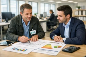 Consultant en audit énergétique étudie des plans avec un locataire professionnel dans un bureau moderne pour se préparer à la loi DDADUE