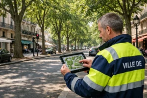 Agent municipal consultant un plan urbain entouré de grands arbres dans le cadre du programme Tree Cities of the World