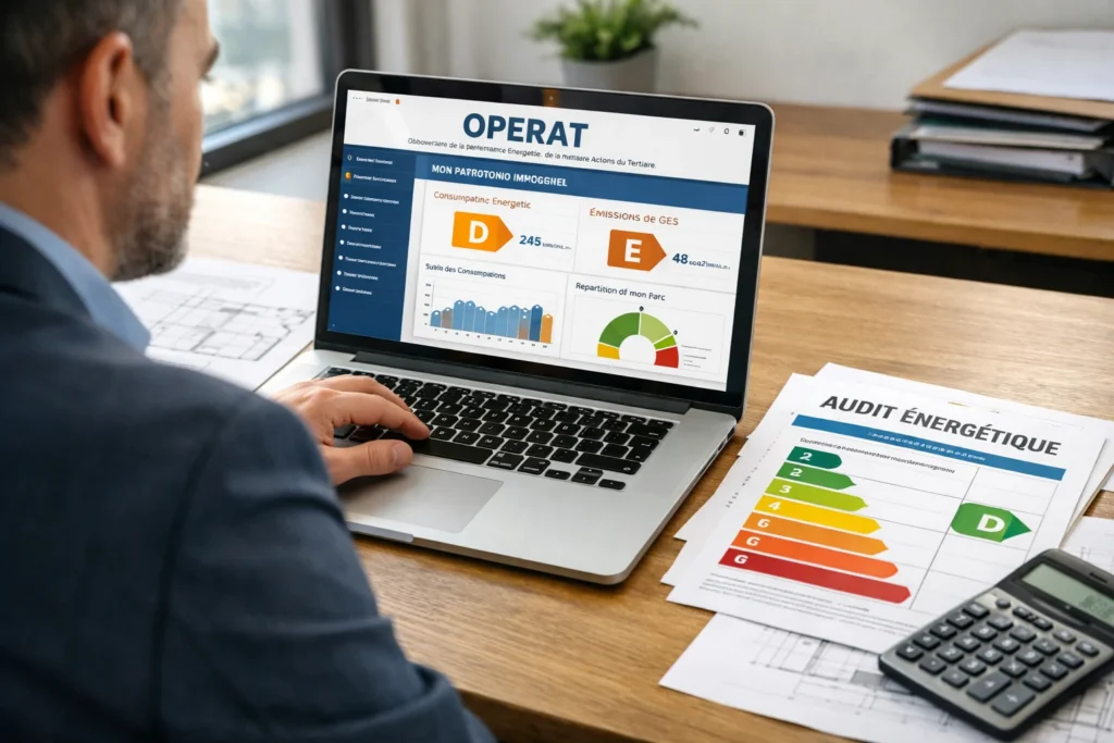Gestionnaire immobilier vérifiant la declaration operat 2026 sur un ordinateur portable avec plans et documents énergétiques
