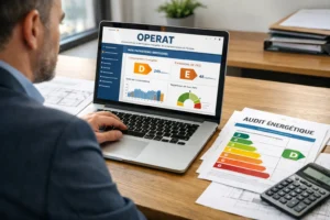 Gestionnaire immobilier vérifiant la declaration operat 2026 sur un ordinateur portable avec plans et documents énergétiques