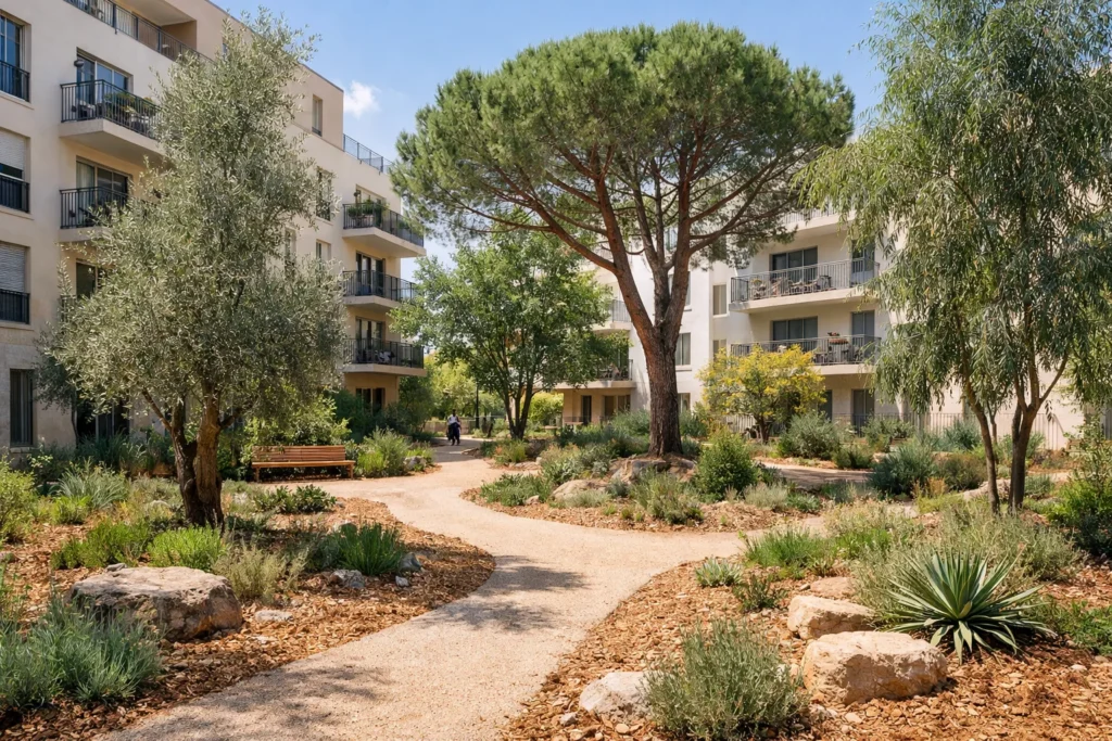 Cour d’immeuble végétalisée avec arbre résistant à la sécheresse planté en pleine terre pour ombrage