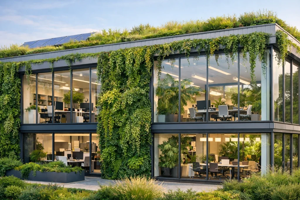 Immeuble tertiaire moderne illustrant l’architecture biophilique avec toit végétalisé, façade végétale et intérieur lumineux et verdoyant