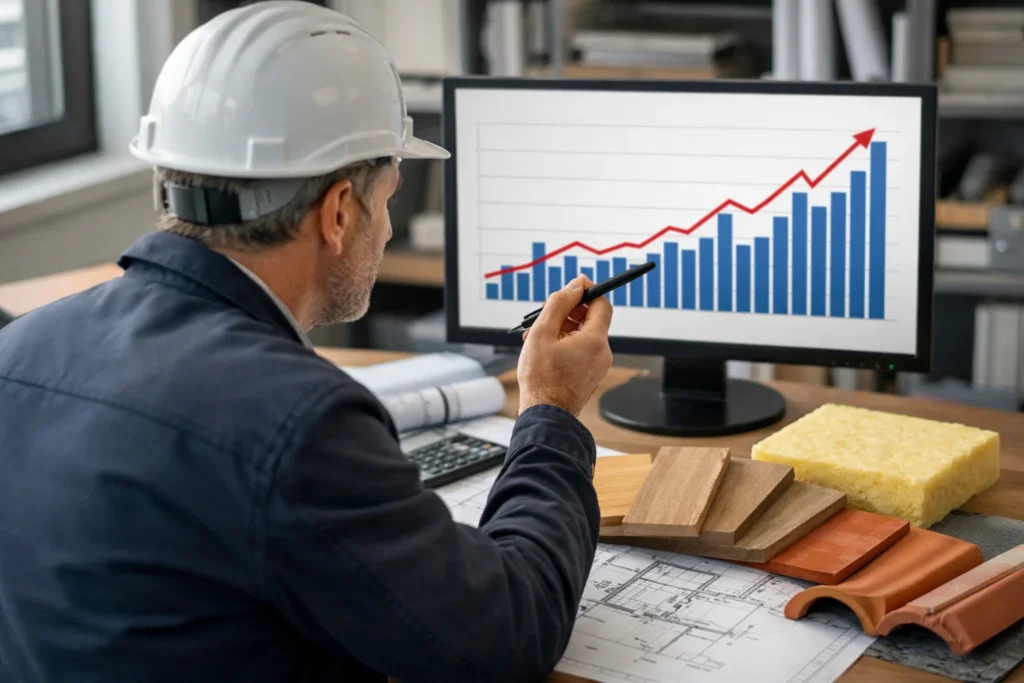 Architecte examine un graphique d’évolution des coûts de rénovation en 2026 sur un bureau avec plans et échantillons de matériaux