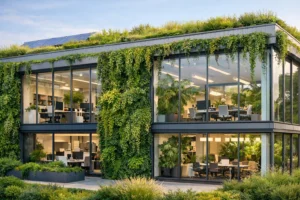 Immeuble tertiaire moderne illustrant l’architecture biophilique avec toit végétalisé, façade végétale et intérieur lumineux et verdoyant